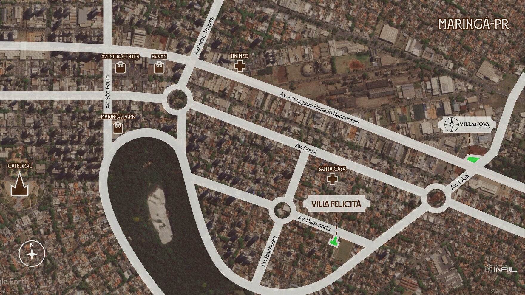 Localização do Villa Felicità em Maringá, ao lado do Parque do Ingá